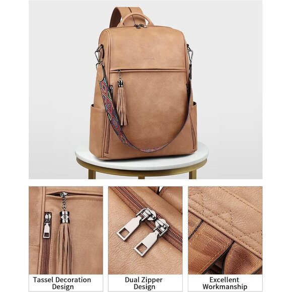 Women Camel Brown Retro Style Backpack Designer 15.6 inch PU Leather Laptop Bag - Picture 4 of 9